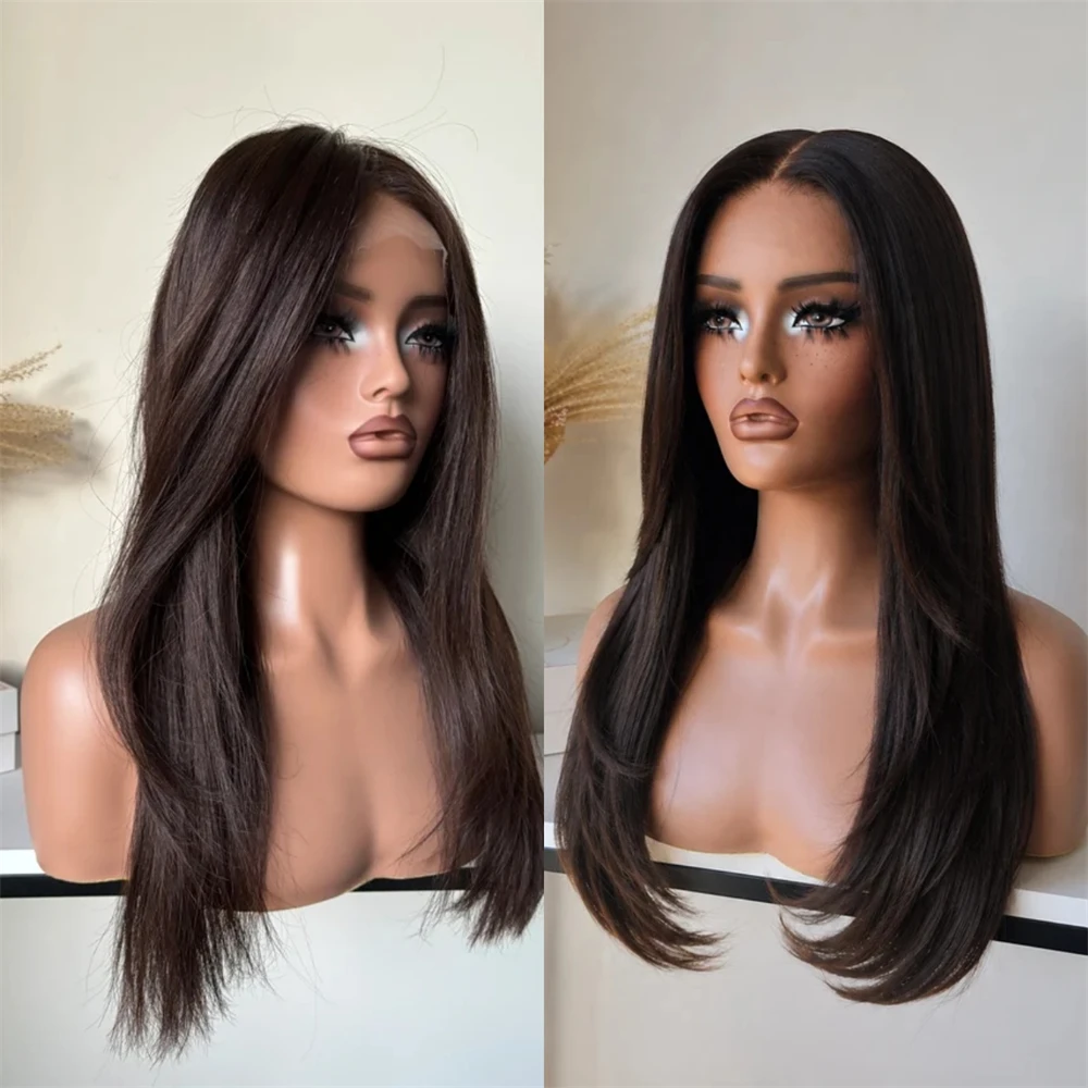 13x4 Middle Part Dark Brown Synthetic HD Lace Front Wig Party Daily Cosplay Heat Resistant Fiber Wig Like Human Hair Woman Wigs