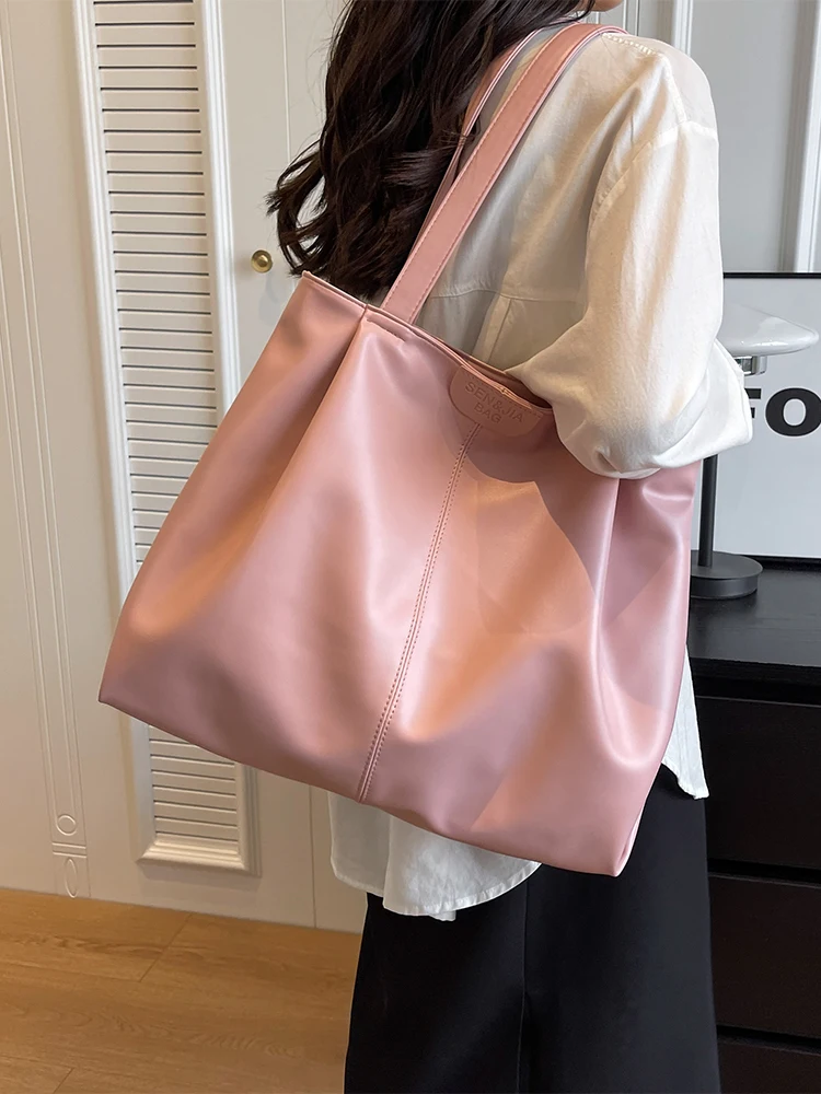 Pink PU High Capacity Tote Bag 2023 New Ladies Soft Leather Smooth Zipper Shoulder Bags Simple Versatile Commuter Class Handbag