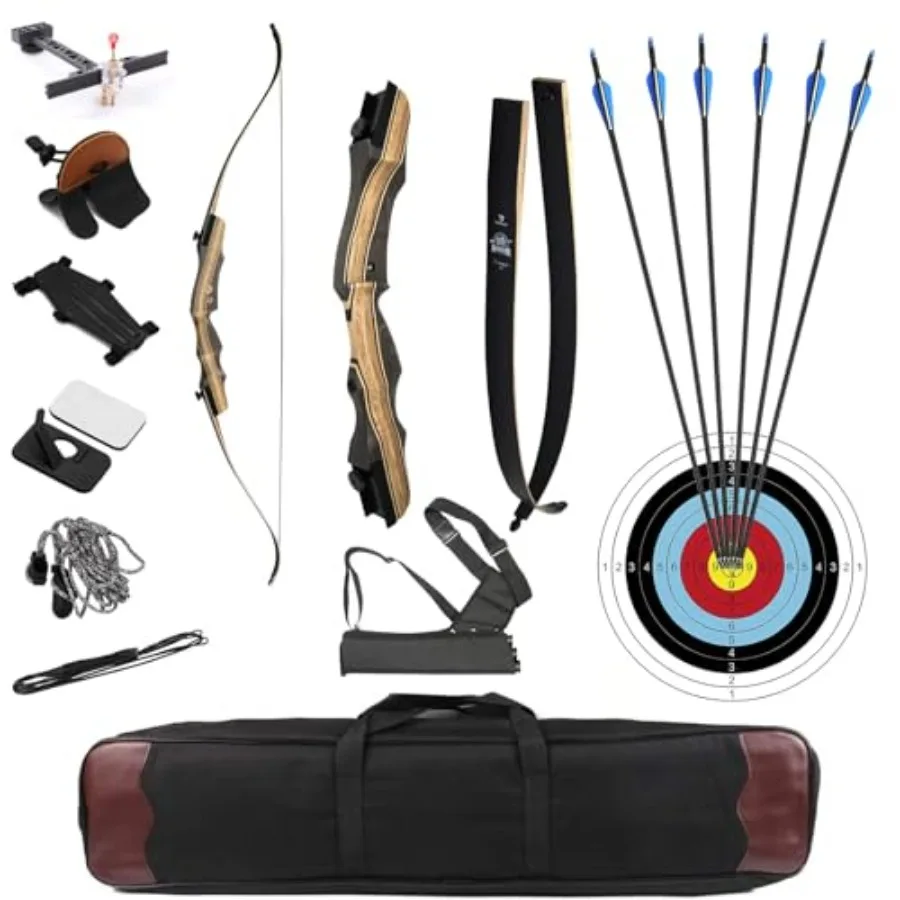 

Archery target practice: wooden recurve bow set 48-70 for adults/youth beginners, natural wood finish, smooth draw and accuracy