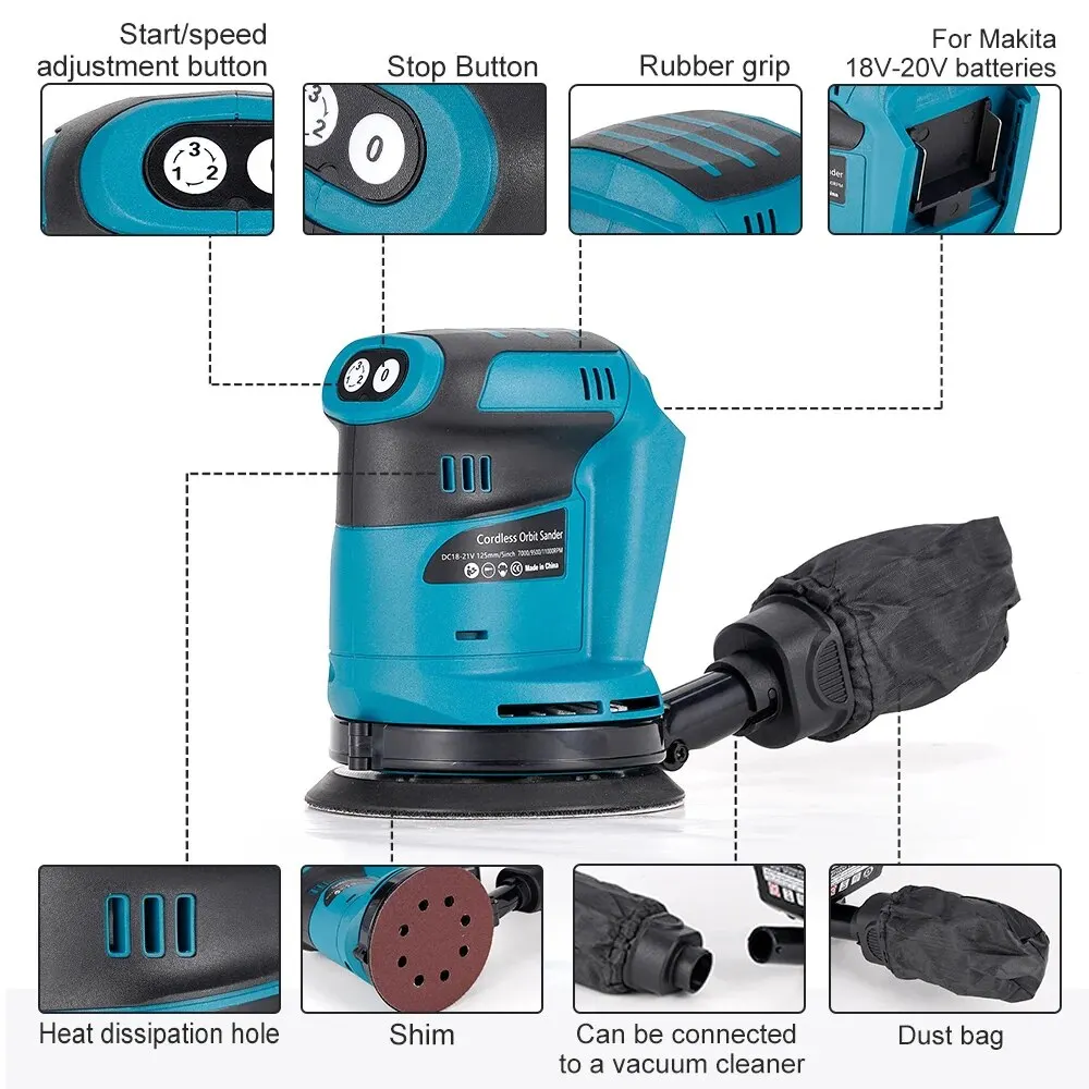 125mm Electric Sander 90W 3 Speeds Cordless Wood Grinder Polishing Grinding Machine Tool 8 Hole Sandpaper For Makita 18V Battery