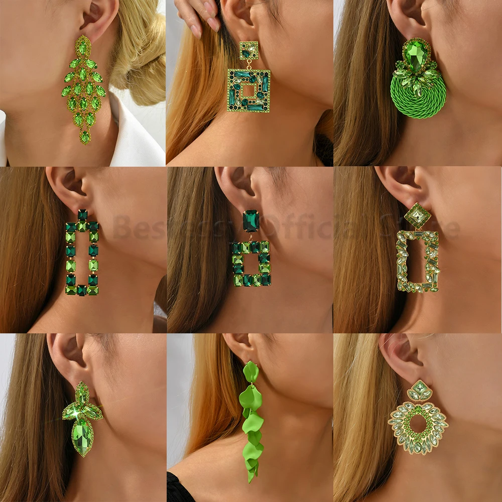 Green Crystal Large Dangle Piercing Earrings Luxury Statement Petals Long Pendant Modern Women Geometric Party Fashion Jewelry
