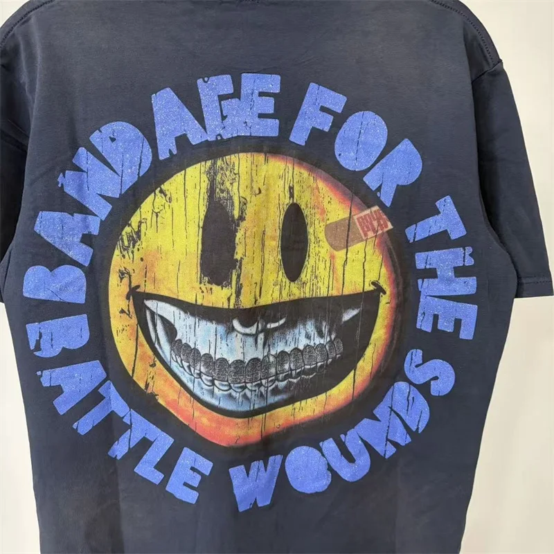 Rough Smiling Face Print T-shirts Men Women Hip Hop Washed Black Oversized T Shirt