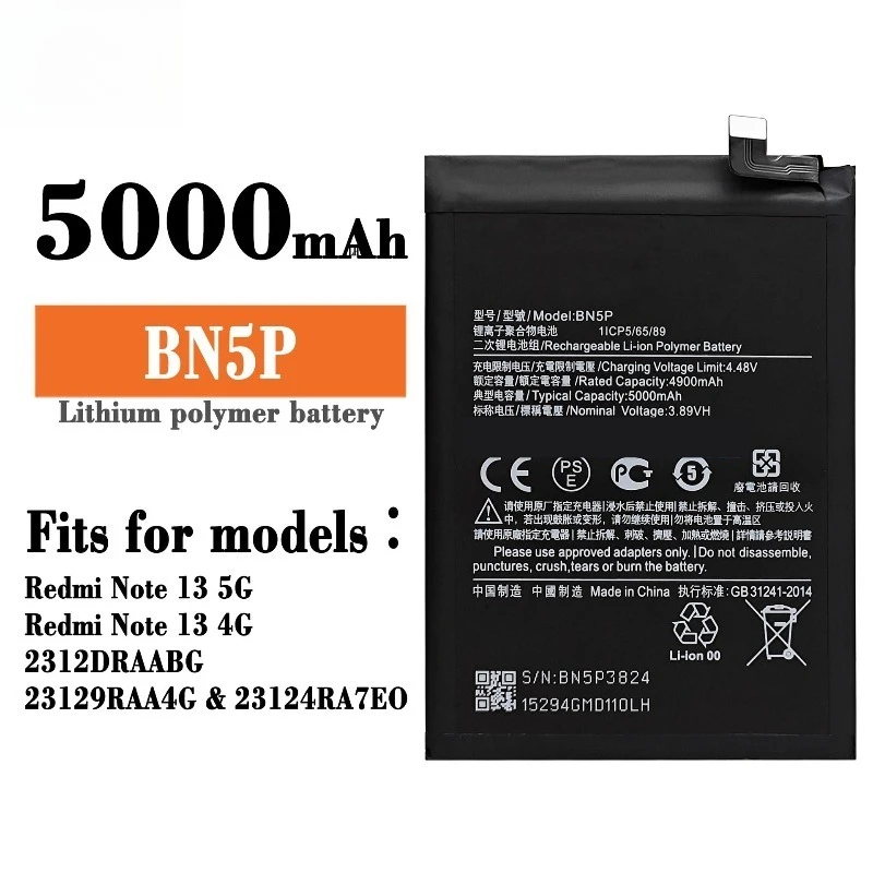 5000mAh /5100mAh BN5P BM5V BM5U para Xiaomi Redmi Note 13/Note 13 Pro/Note 13 Pro + Pro Plus 5G Baterias de telefone móvel + ferramentas