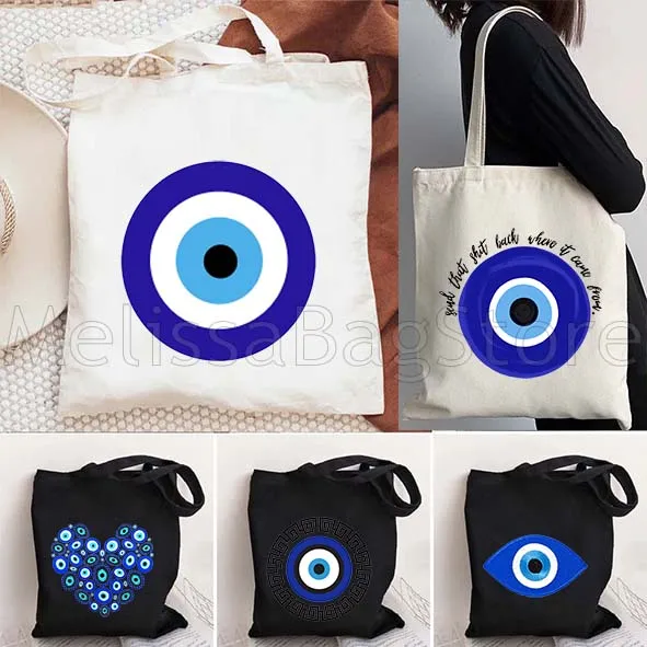 

Mati Blue Evil Eye Charm Circles Греческая мужская и женская парусиновая сумка через плечо Harajuku Сумка-шоппер Многоразовые хлопковые сумки для покупок
