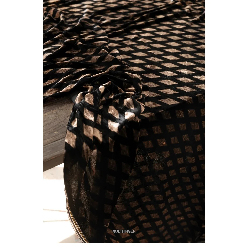 

Vintage Black & Gold Plaid Velvet Fabric - Handmade Distressed Designer Textile for Luxury Upholstery, Clothing & Craft