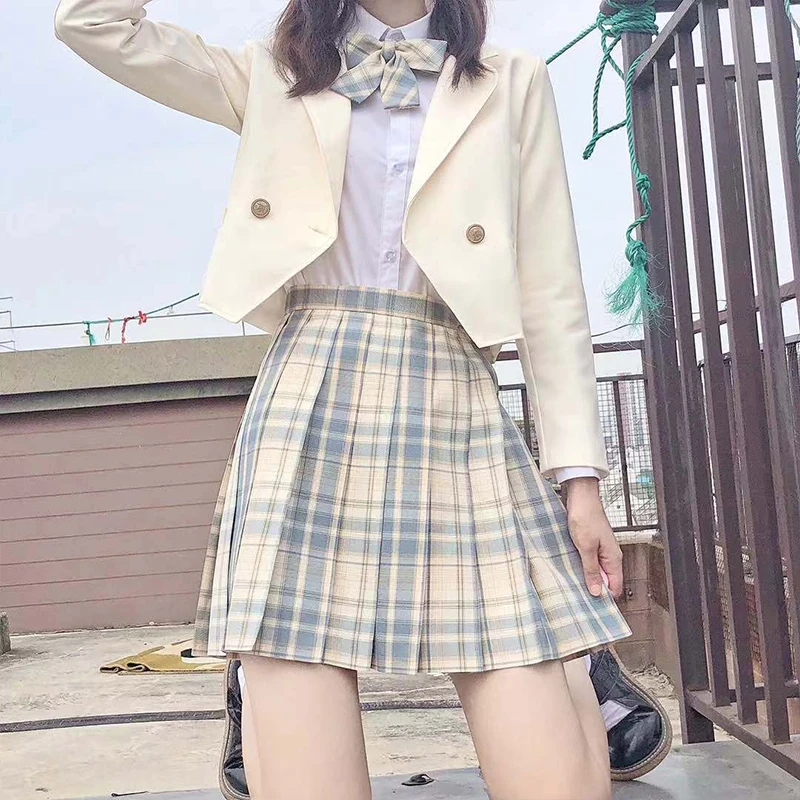 [Zitrone & Meer salzig] formale jk Schuluniform japanische Studenten Mädchen Kurzarm hohe Taille Plaid Falten röcke Frauen Kleid