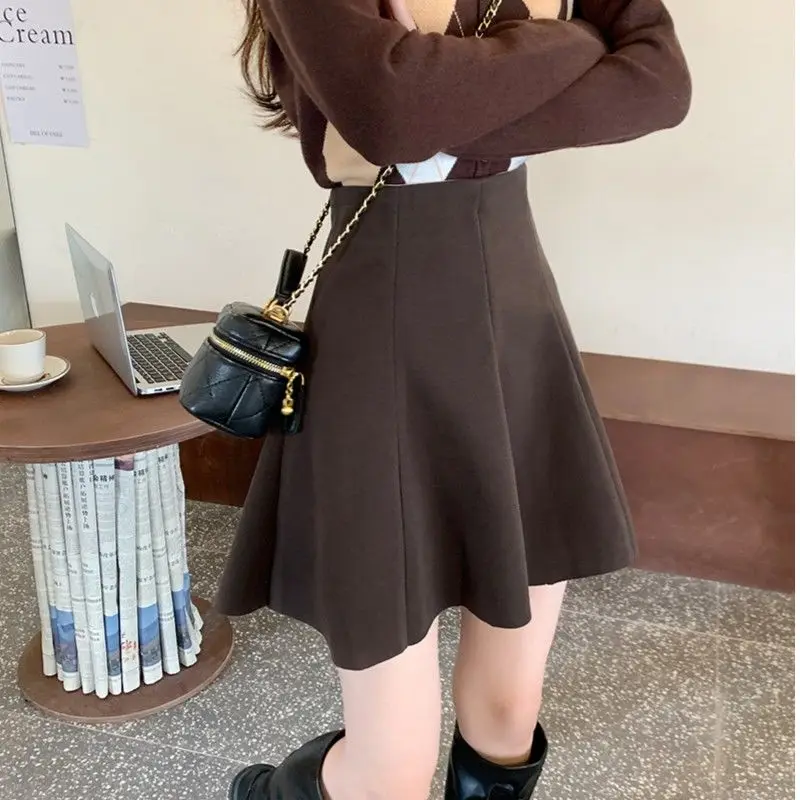 Fashionable High Waist A-Line  Skirt Women's Woolen Plaid Pleated Autumn Winter Fashionable Umbrella Skirt Commute Style