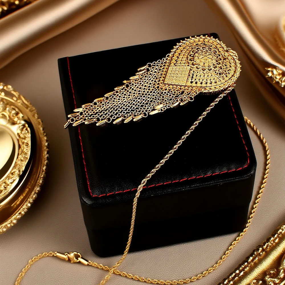 Heart Shape Tassels Gold Color Pendant for Women Kurdish Trendy Jewelry Pendants for Bridal Arabic Luxury Wedding Collections