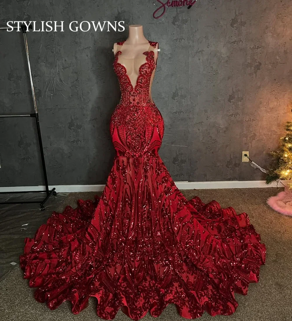 Sparkly New Design Red Diamonds Prom Dress 2026 Sequins Gown Bead Crystal Rhinestones Wedding Birthday Party Dress Customized