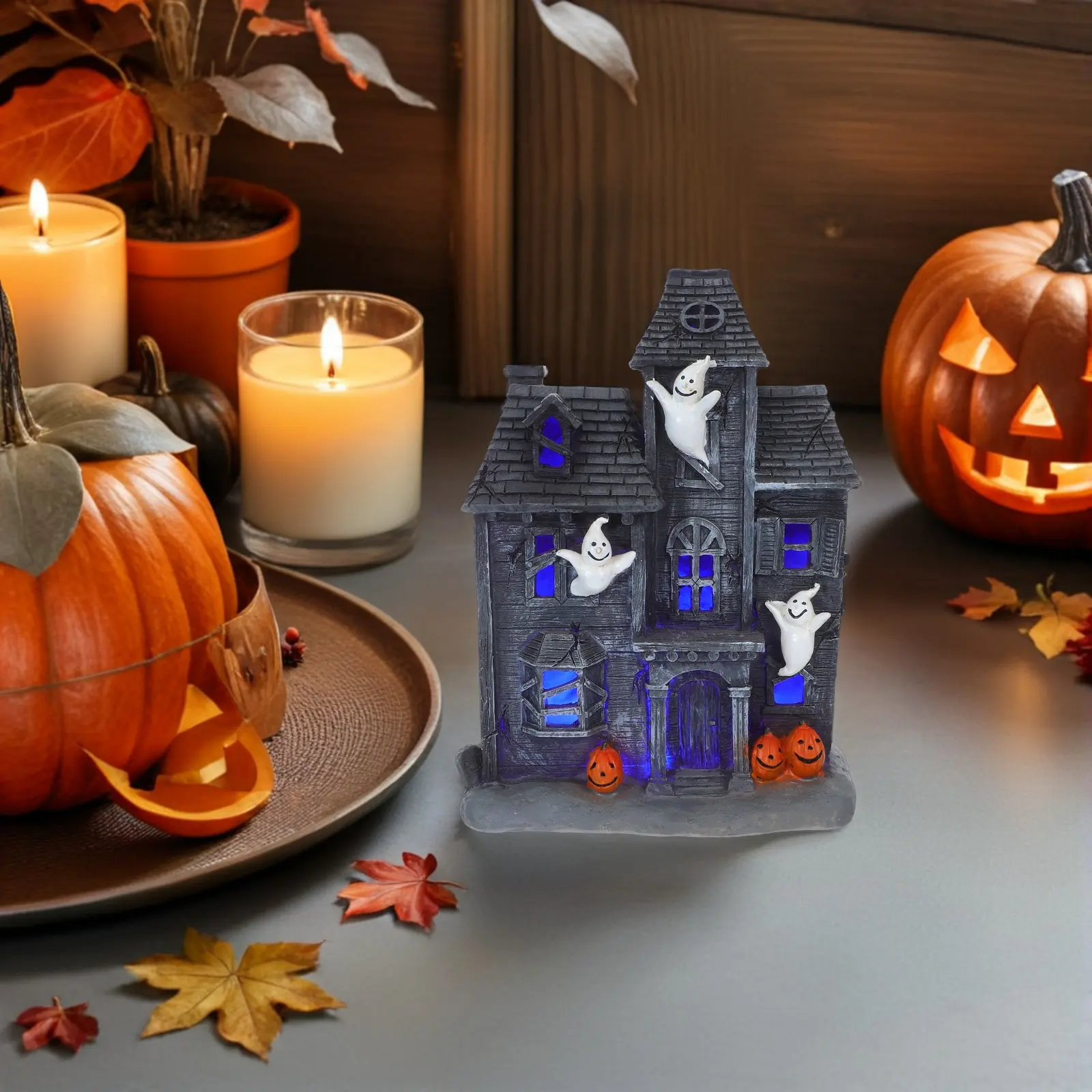Haunting LED Light Up Ghost House Ornament Halloween Spooky Decor Haunted House Party Decoration Desktop Centerpiece Statuette