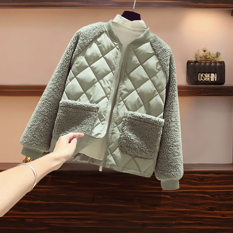 Women Baseball Padded Jacket 2024 New Autum Winter Light Down Cotton Jacket Female Short Outerwear Fashion Loose Lamb Wool Coat