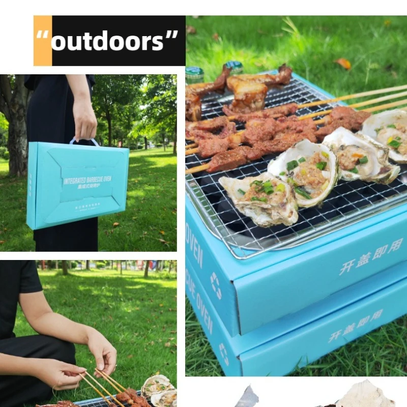 Disposable Barbecue Grill Set,Outdoor Picnic Team Building Low Smoke Stainless Steel BBQ Tool,Kraft Paper Burning Charcoal Grill