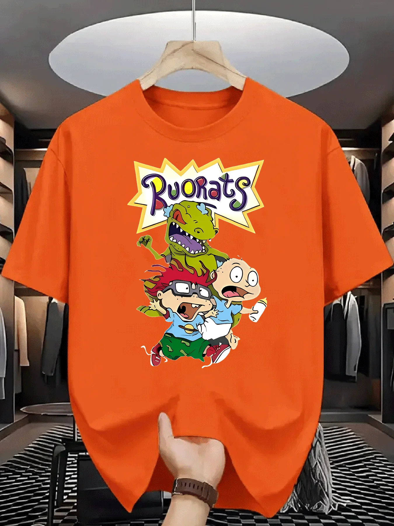 كارتون رغراتس شخصية مطبوعة عادية جولة الرقبة أزياء اليومية أعلى جولة الرقبة تي شيرت بسيط عارضة الملابس القطن التي شيرت