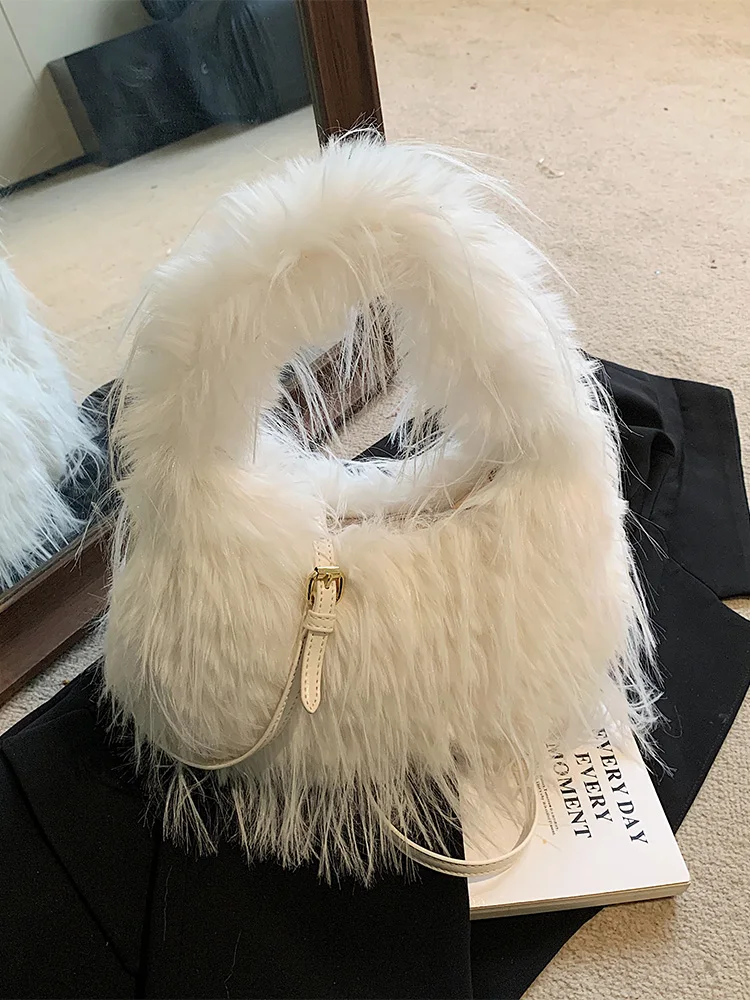 

Solid Plush Pink Bag for Women Winter New English Style Sweet Commute Handbags Fashion Casual Zipper PU High End Crossbody Bag
