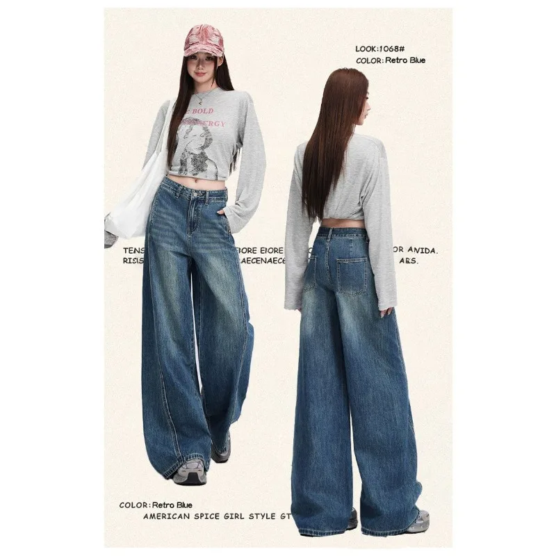 Women Vintage Blue Seam‑Split Whiskered Washed Jeans 2026 Early Autumn Slim Draped Casual Wide Leg Baggy Denim Long Pants Y2K