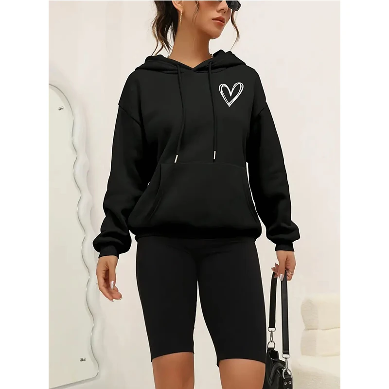 بلوفرات نسائية سوداء غير رسمية بغطاء للرأس مع طباعة قلب وأكمام طويلة وجيب وبلوزات برباط وقلنسوة موضة الخريف/الشتاء #4