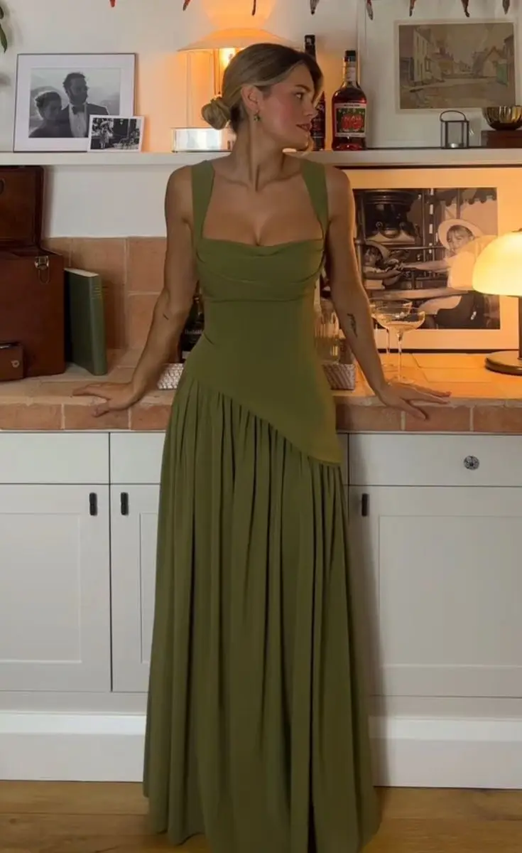 Suninheart Green Dress Women's Evening Dress with Scarf - Lace Up Back High Slit Party Maxi Bodycon Dress for Vacation Wedding