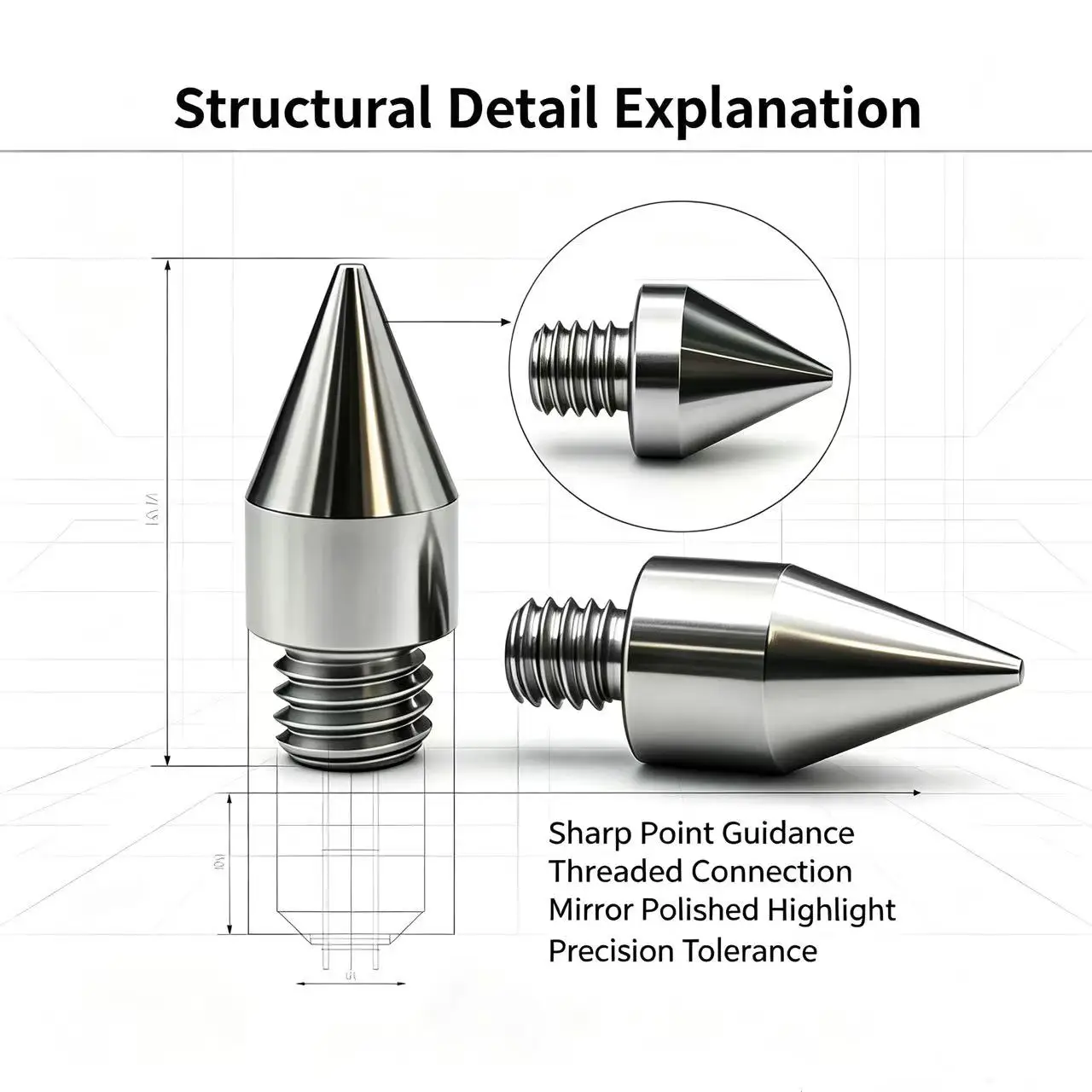 Stainless Steel External Thread Locating Pin, Male Thread Locating Stud, Taper‑Head Pin, Taper Tip M3/M4/M5/M6
