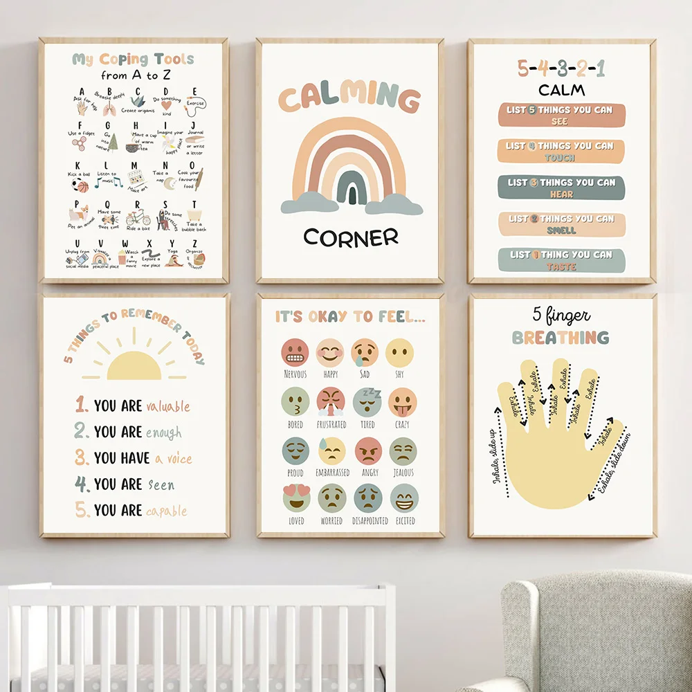 Boho Style Calming Corner Posters Nursery Coping Techniques Wall Art for Kids Print Canvas Painting Picture Children Room Decor