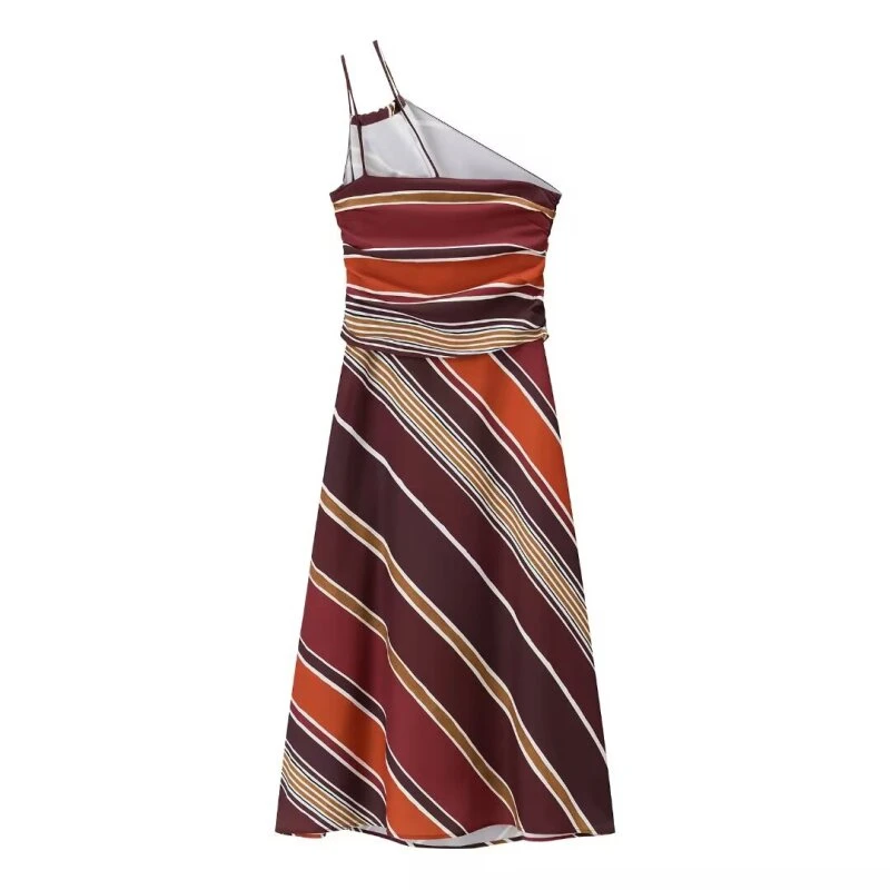 Sukienka damska w paski z asymetrycznym kołnierzykiem, elegancka, codzienna, bez rękawów, streetwearowa, modna, szykowna sukienka dla kobiet.