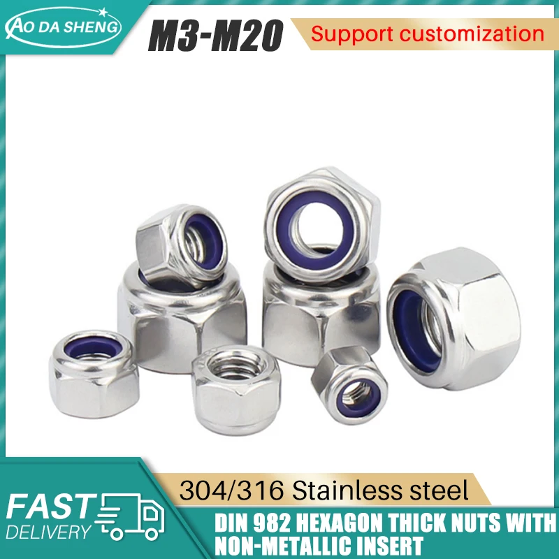 

AODASHENG Nylon Locknut 304/316 Stainless Steel Hex Hexagon Nylon Insert Lock Nut DIN982 M3 M4 M5 M6-M20 Non Slip Nut Electrical