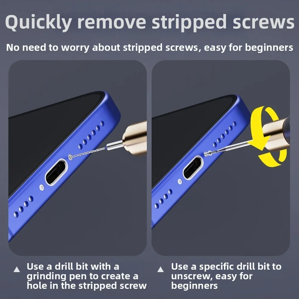 Entfernung der Bohrerschraubenentfernung, Ausgestellte Schrauben mit U8-Bohrer für Reparaturen von Telefon-Heckschrauben und anderen kleinen elektronischen Wartungen