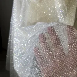 TeMi Imported Hot Stamping Silver Hot Stamping Champagne Powder White Glitter Gauze Dress Wedding Performance Clothing Fabric