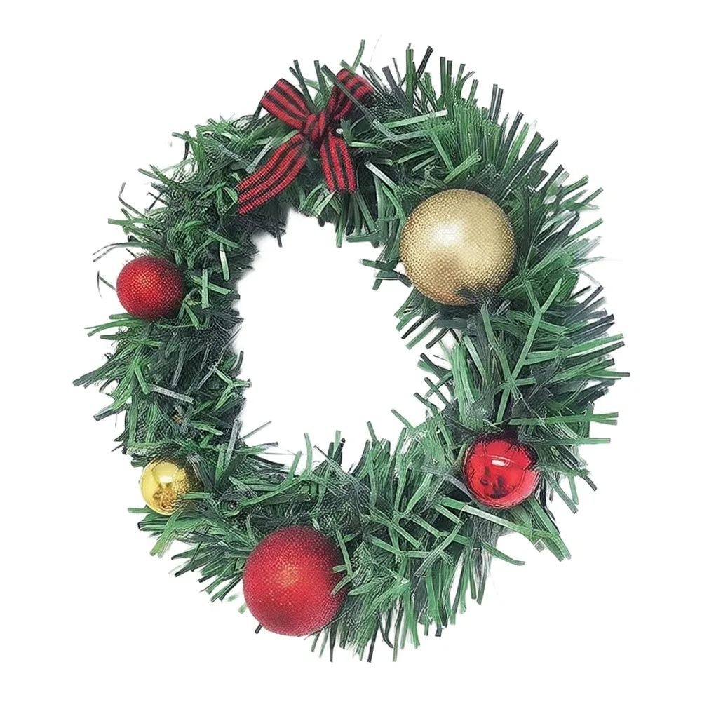 6PCS For Mini Wreath Ornaments Christmas For Decor Faux Pine Greenery Red Gold Baubles Fabric Bow for Tabletop Seasonal Display