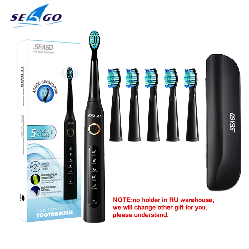 Seago sg507b escova de dentes elétrica sonic adulto temporizador escova usb eletrônico recarregável escova de dentes cabeças titular substituição