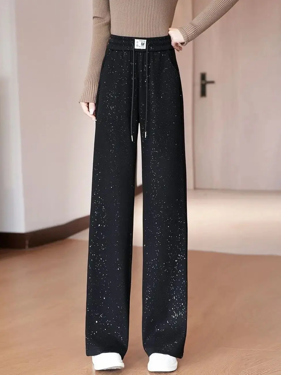 Black Sequin Wide Leg Pants Shiny Sparkling Starry  High Waist Elastic French Style Casual Straight Leg Pants for Women