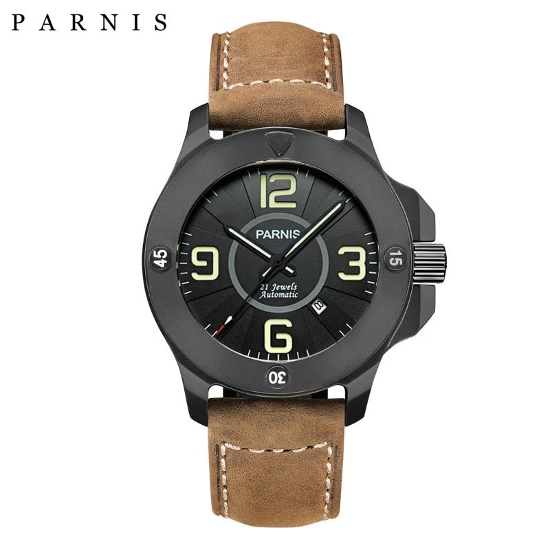 Fashion Parnis 47mm Black Mechanical Men Green Word Automatic Watch Sapphire Crystal Leather Strap Men Wristwatches reloj hombre