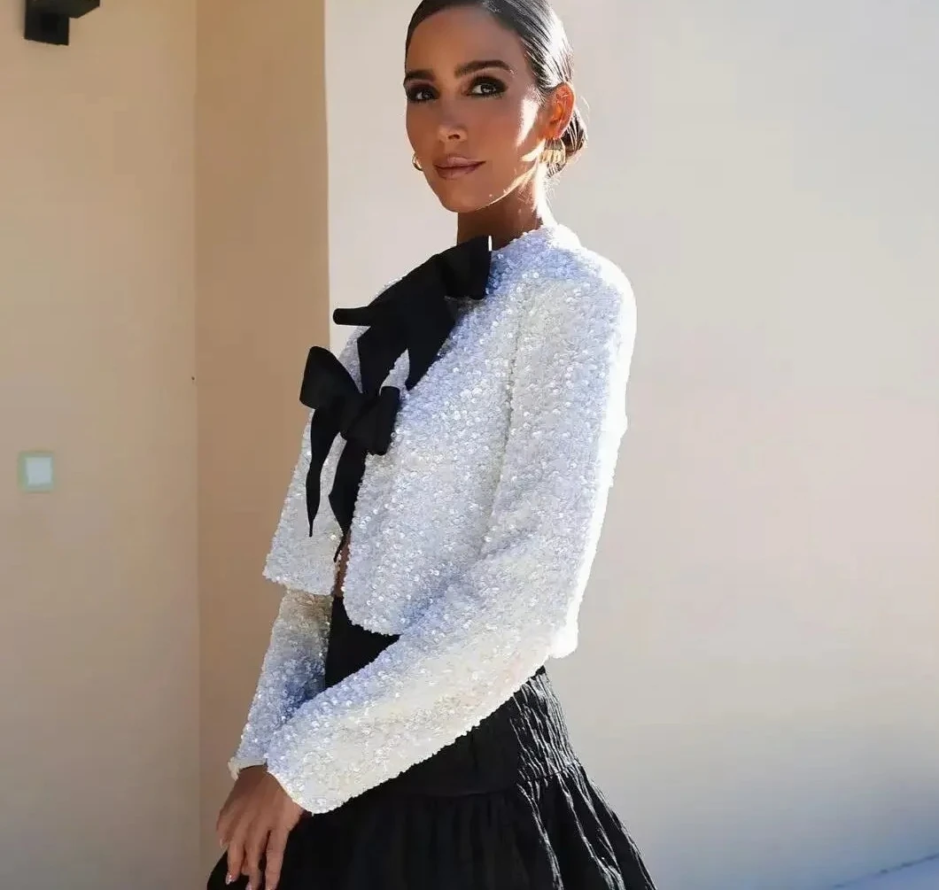 

European Women's Temperament Bow Coat Sequin Lace-up Coat Round Neck Short Long-sleeved Top for Women