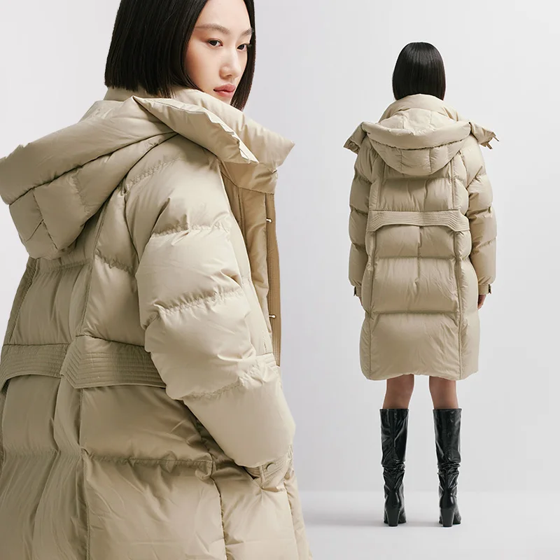 Chericom Women's Long Black Down Coat 90% Duck Down Filling With Detachable Hood Cinched Waist Design Warm Puffer Coats Y298092Y