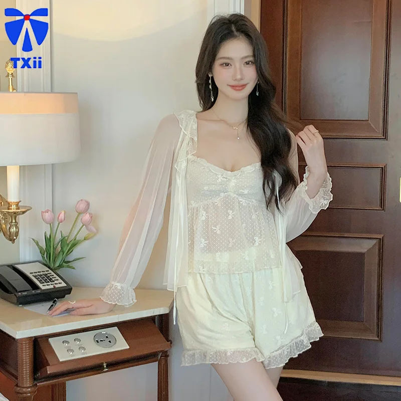 

French Pajamas suit New Sling Outer Mesh Sexy Three-piece suit Long Sleeve Outer Wearing Home Clothes Women