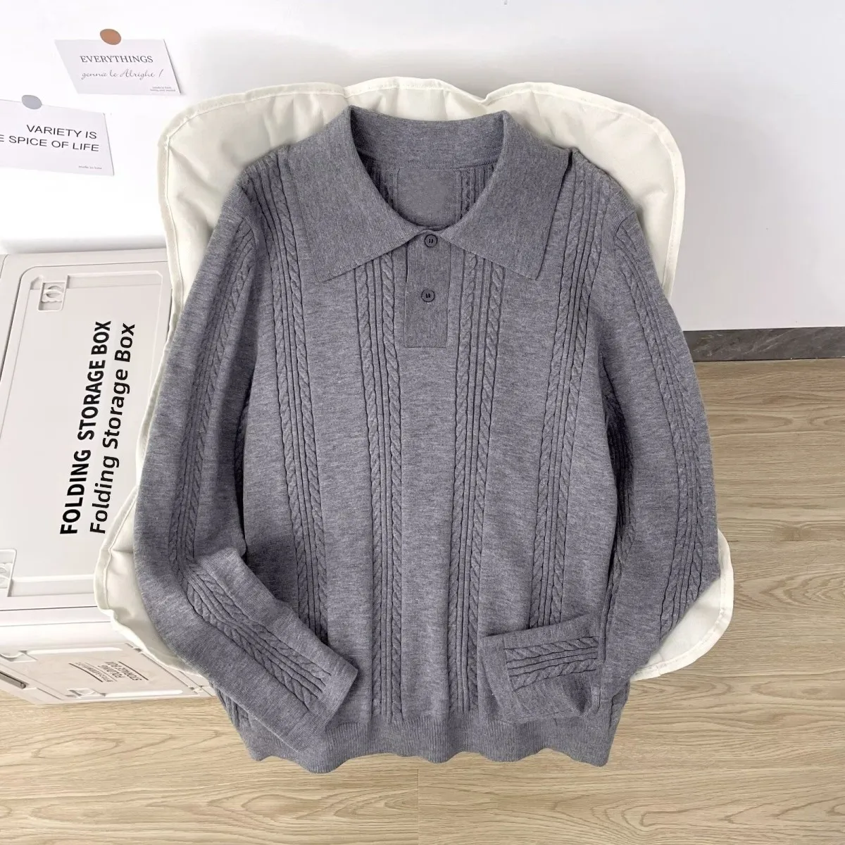 

American Retro Wheat Spike Grey Knitted Sweater Long Sleeve Men Women Autumn Winter Lazy Style High End Knitwear