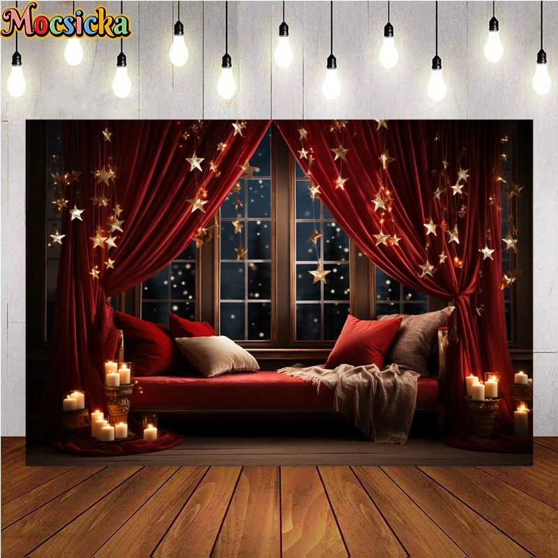Mocsicka Winter Christmas Photography Background Red Couch Stars Holiday Party Family Portrait Photo Backdrops Studio