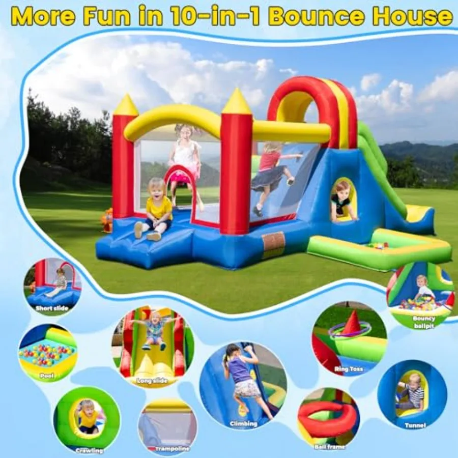 Casa grande de salto para crianças grandes – Parque infantil inflável com escorregador alto, parede de escalada, piscina de água, poço de bolinhas saltitantes, túnel, rin