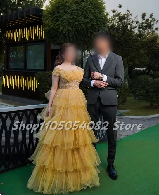 Luxurious Ginger Yellow Snap Shoulder Luxurious Wedding Dress Beaded Studs Off-the-Shoulder Waist Customized A-Line Layered