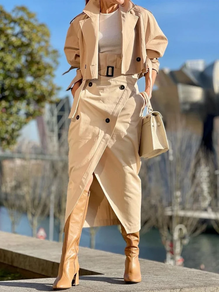 2024 Two 2 Piece Sets Outfits Office Lady Tracksuit Street Wear Cargo Set Long Sleeve Jacket and Wrap High Split Skirts Suit