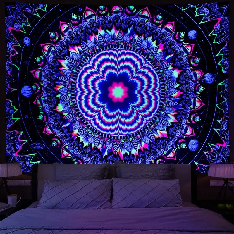 VIKAMA Fluorescent Mandala Tapestry Wall Art for Living Room, Geometric Neon Pattern Purple Blue Glow Bohemian Hanging Decor