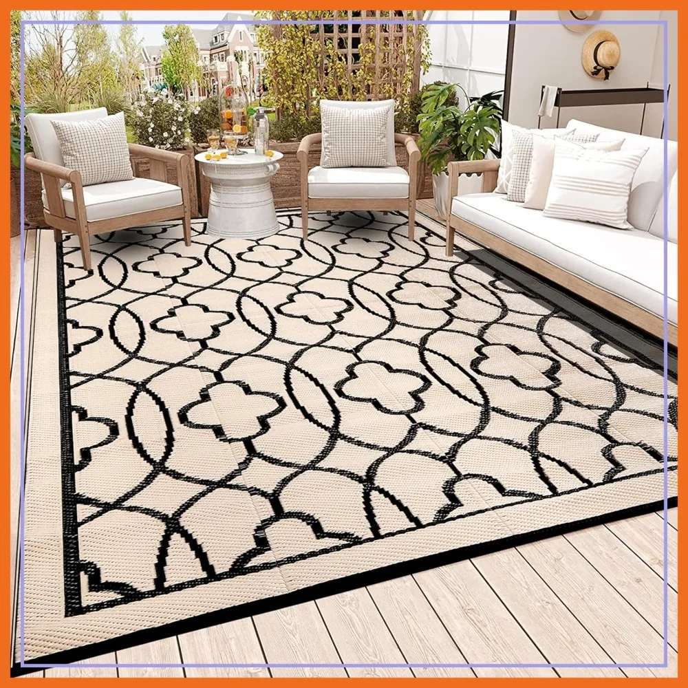 

Reversible Outdoor Rug 9x12ft Waterproof Plastic Straw Mat for Patio Camping Black Beige