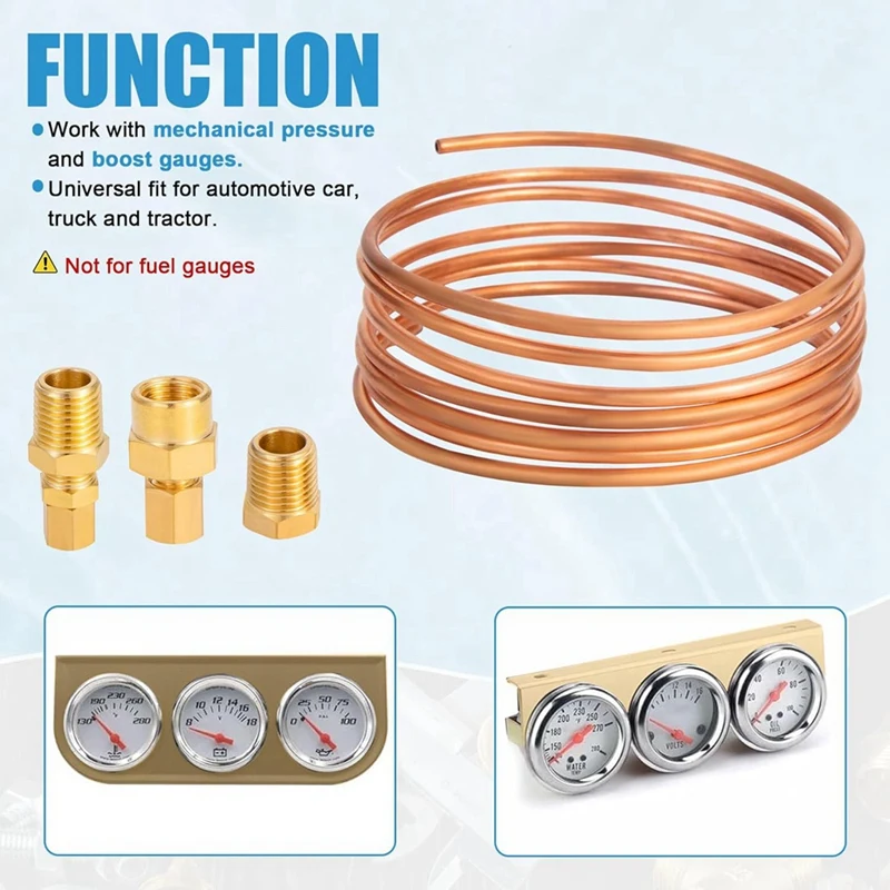 Kit Tabung Pengukur Tekanan Minyak N15R-72 Inci, Set Tabung Tembaga dengan NPT 1/4 Inci X 1/8 Inci, NPT Jantan 1/8 Inci