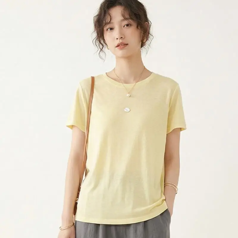

Новая летняя женская футболка с коротким рукавом, однотонная, с круглым вырезом, универсальная и базовая, простая, из чистого хлопка