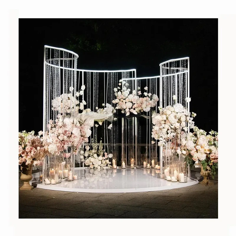 S-förmiger Hochzeitsbühnen-Hintergrund, Blumenbogen, Willkommensrahmen, Requisiten, gebogener Hintergrundständer zum Aufhängen von Kristallvorhängen, Schleifen und Spitzen. – Detail 7