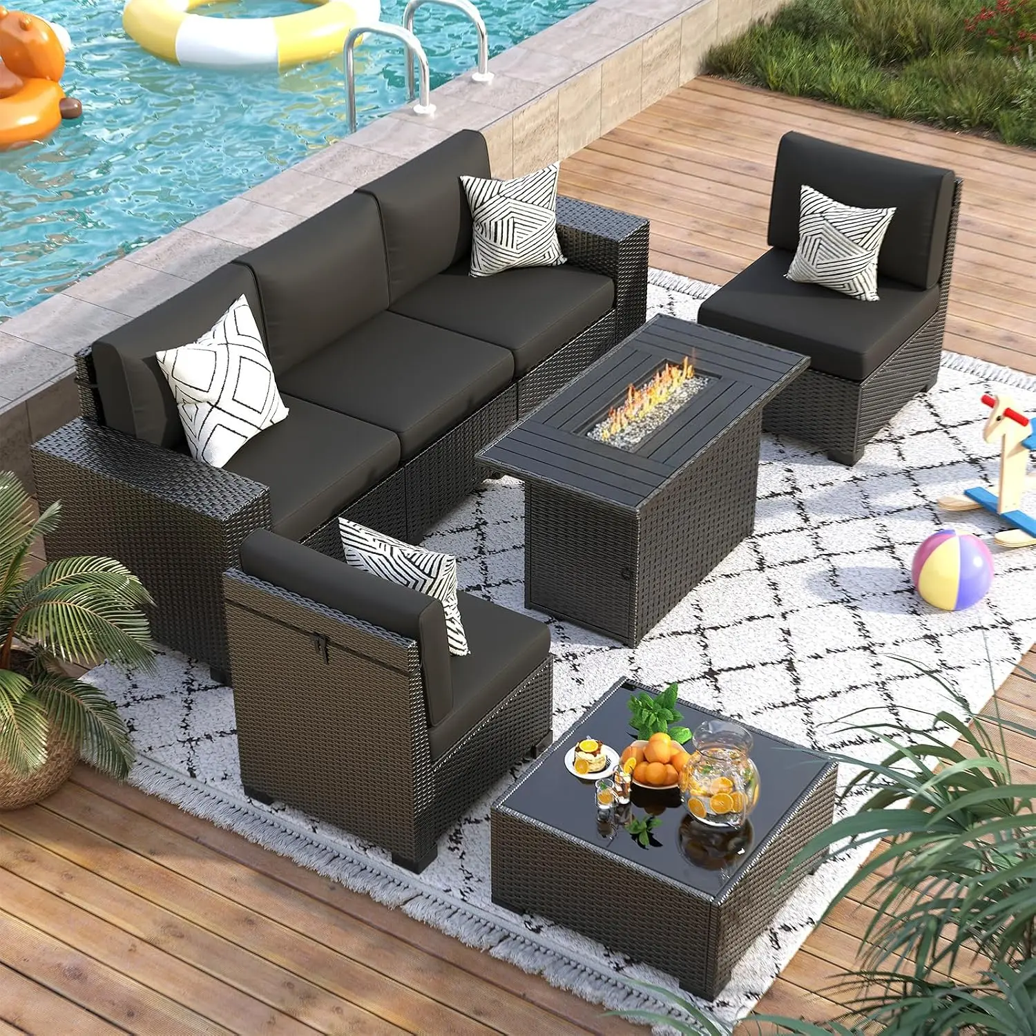 44'' Fire Pit Table 7 Pcs Outdoor Sectional Sofa Patio Set, Customized