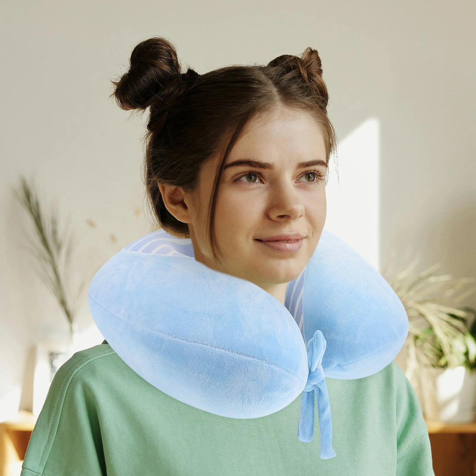 

U Shaped Memory Foam Pillow Slow Rebound Ergonomic Neck Support Travel Airplane Portable Car Seat Bamboo Fiber Blue