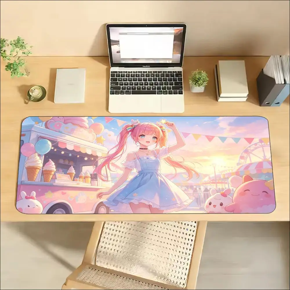 Cute Anime Girl Twintails Ice Cream Mouse Pad Large Pink Kawaii Desk Mat Non-Slip Rubber Mousepad Office Stitched Sweet Cute