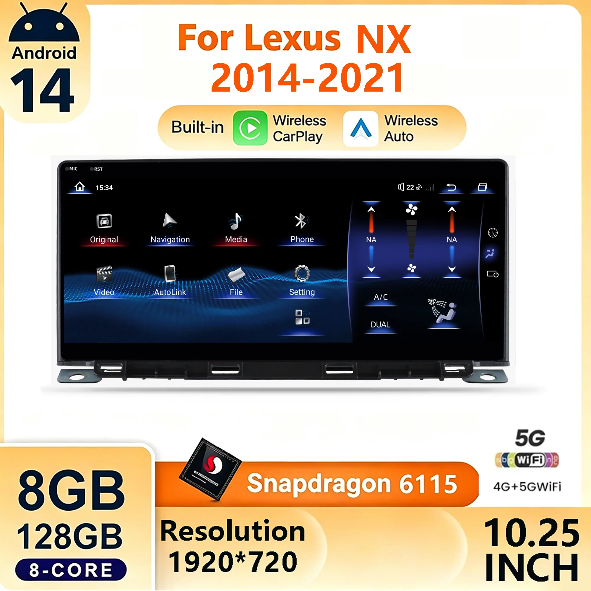 Android 14 1920*720P For NX Series 2014-2021 System Car Radio Auto Wireless Carplay Multimedia Player BT High definition 4G