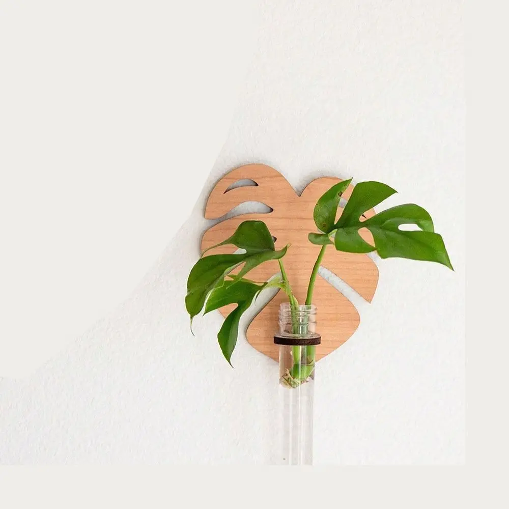 Wooden Hydroponic Planter Shelf Home Ornaments Vase Wall Mounted Planter Hollow Out Leaf Shape Flower Pot Plant Lovers