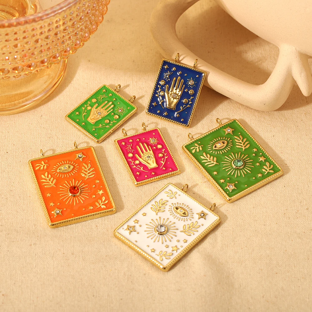 

Vintage Colorful Oil Drip Star Moon Sun Palm Eyes Stainless Steel Square Pendant Accessories For Necklace Making DIY Jewelry